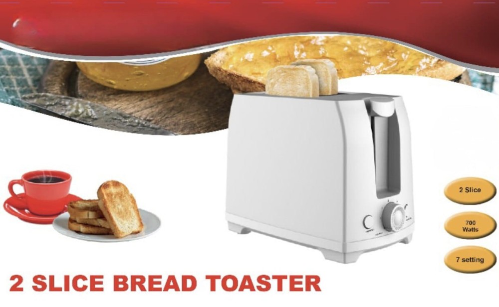 2-Slice Toaster White Stainless Steel &ndash; Compact Bread Toaster with Adjustable Browning Control, Wide Slots, Defrost, Reheat &amp; Cancel Functions