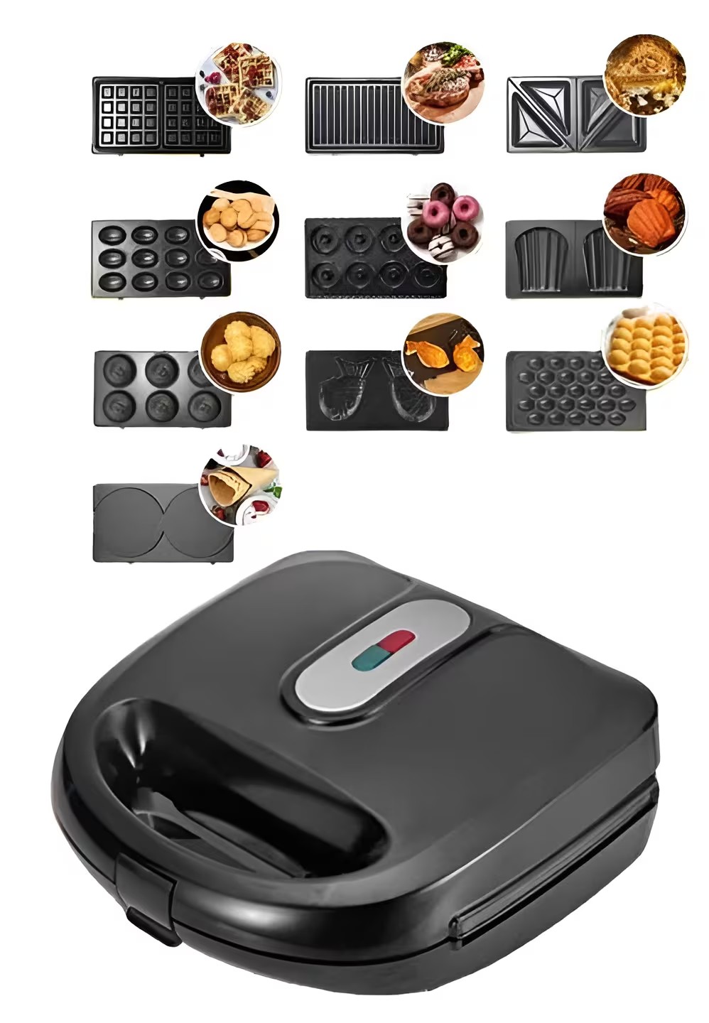 10 in 1 Sandwich Maker 750W Multi Function Machine with Changeable Plates for Waffle, Grill, Donut, Sandwich, 5 Cookie Designs, Nut Shapes, &amp; Cone Maker Non Stick Coating