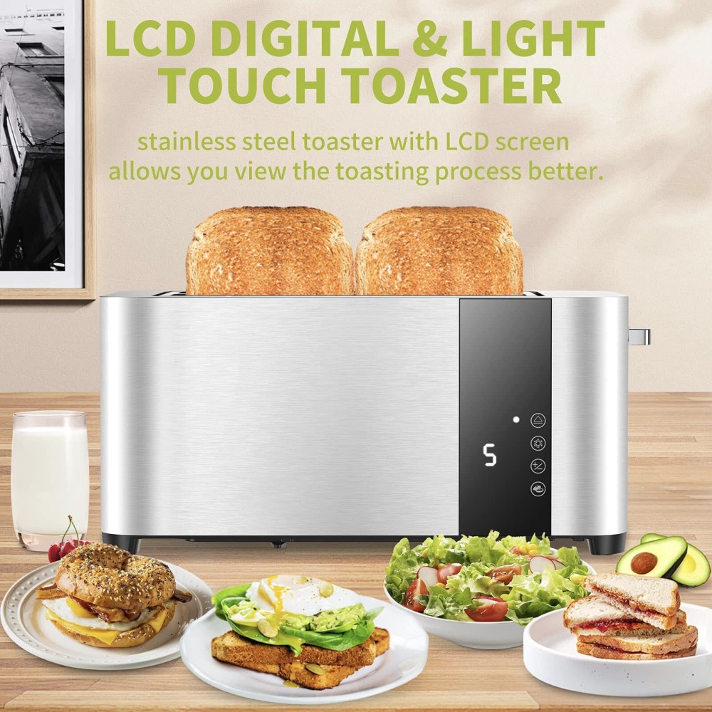 4 Slice Toaster with Extra-Wide Slots &ndash; Adjustable Temperature Control, Defrost &amp; Reheat Functions for Bread, Bagels &amp; Snacks, Stainless Steel Breakfast Toaster 1400W