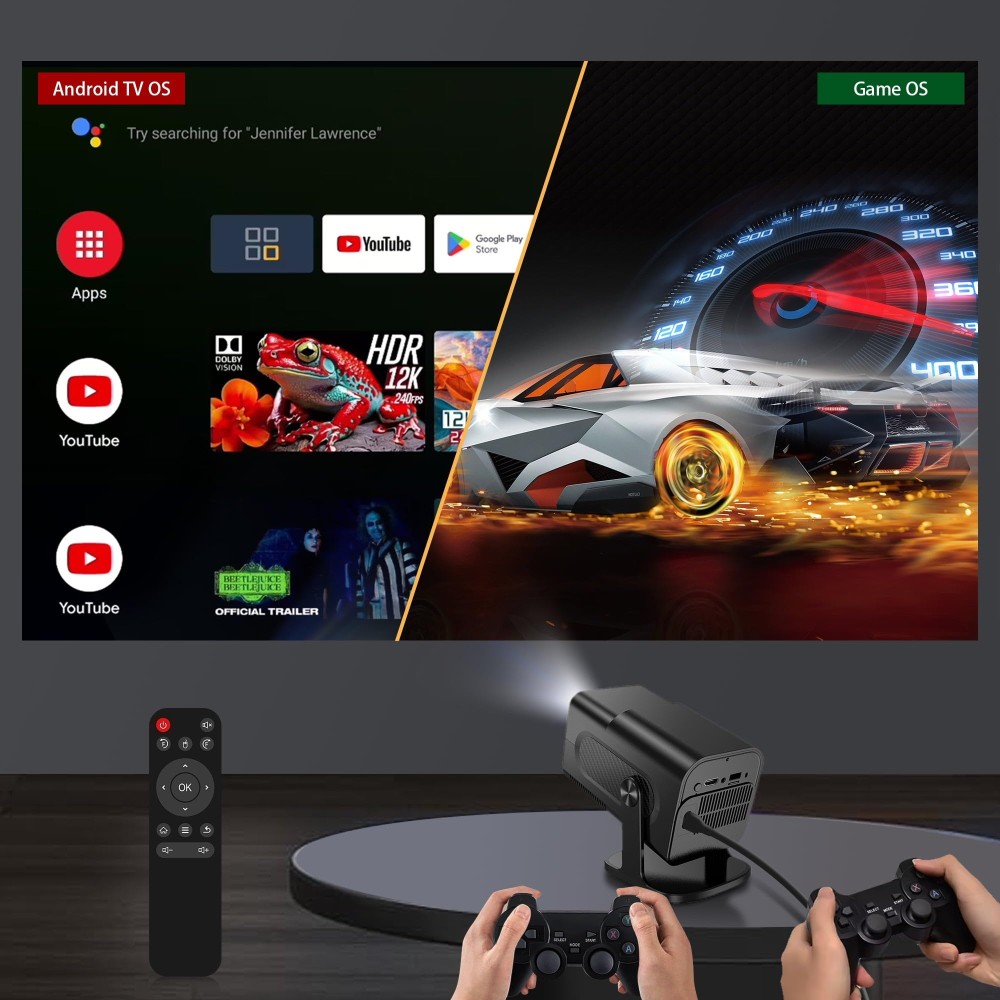 Wownect - HY320 Mini Andorid Portable Projector with Gaming Console 2 in 1 Gaming Projector 1080P Smart Projector FHD 4K Supported Video Projector