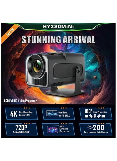 Mini Projector,HY320 Mini 4K 200 ANSI Projector with Wifi 6 and Bluetooth 5, Portable Projector Auto Keystone Correction