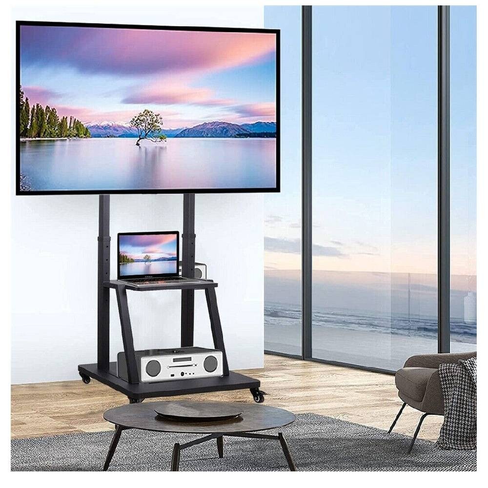 Mount Mobile TV Stand With Wheels Heavy Duty Universal Rolling TV Cart Fits Most 32” – 75” LED LCD TVs with Shelf and Mount Black