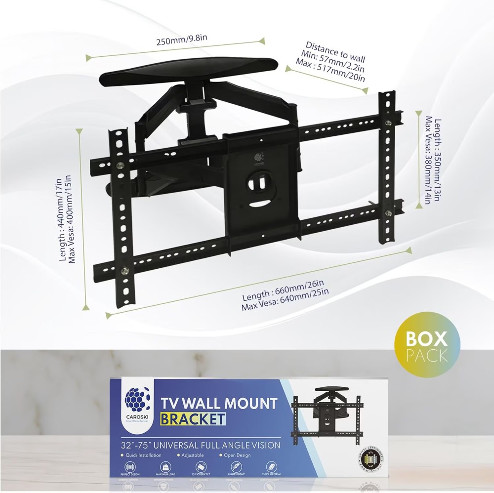 TV Wall Mount - Full Motion TV Mount - Wall TV Bracket Supports 40 To 75 Inches TV Screens Swivel of up to 180 degrees TV Wall Mount