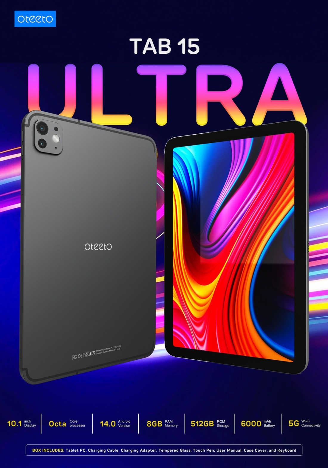 OTEETO TAB 15 ULTRA / 10.1 Inch / Android 14 / 5G Dual SIM / Octa Core 2.0GHz / Included Flip Cover, Keyboard &amp; Touch Pen/ 8GB RAM + 512 GB ROM / 6000 mAh / 8MP + 13 MP Camera (Black)