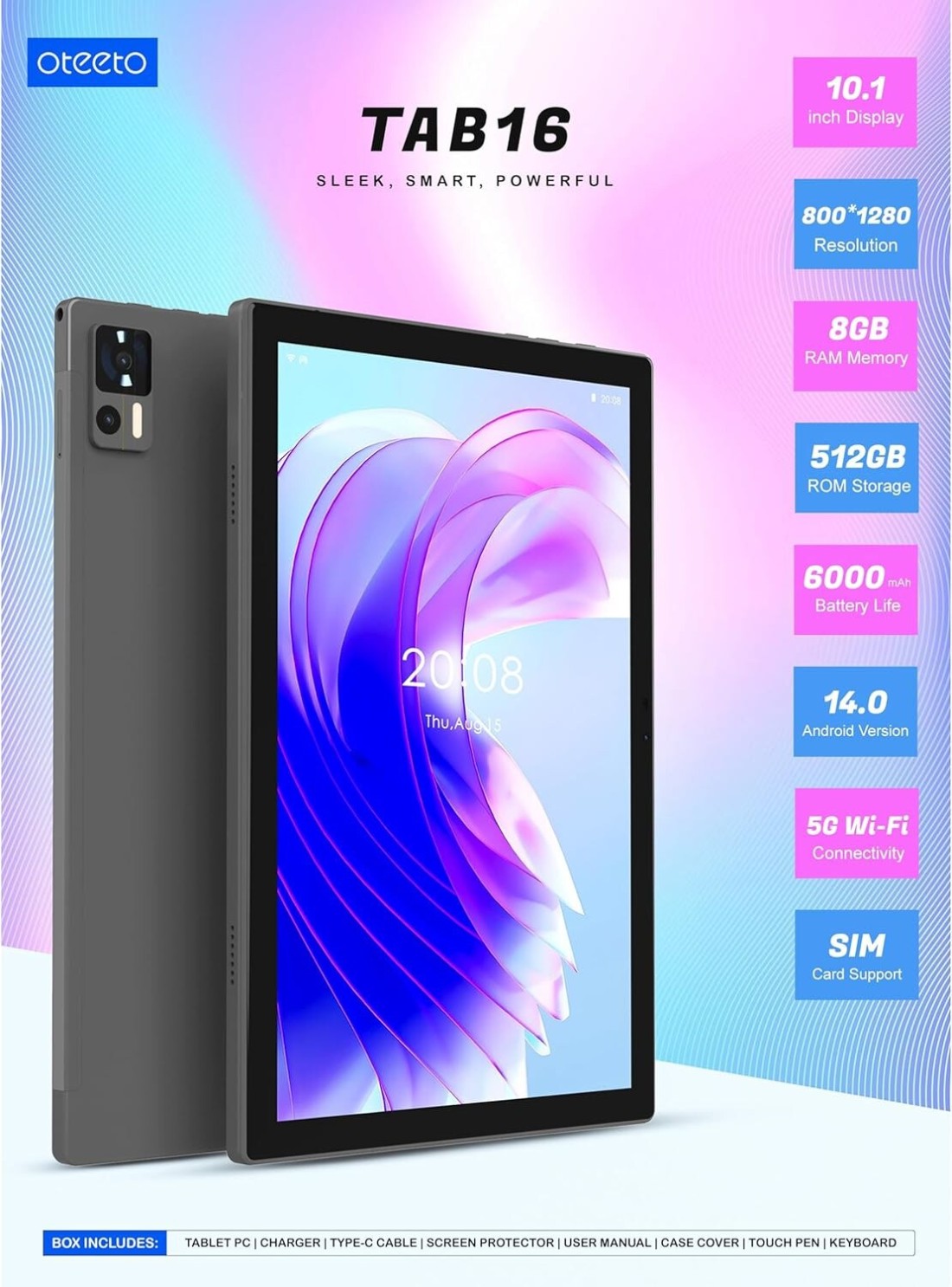 OTEETO TAB 16 tablet/10.1 Inch IPS LCD/Octa Core 2.0GHz/Android 14/4G Connectivity/6000 mAh battery/12GB + 512 GB/8 mp front + 13 Mp Rear Camera/Keyboard/Touch pen