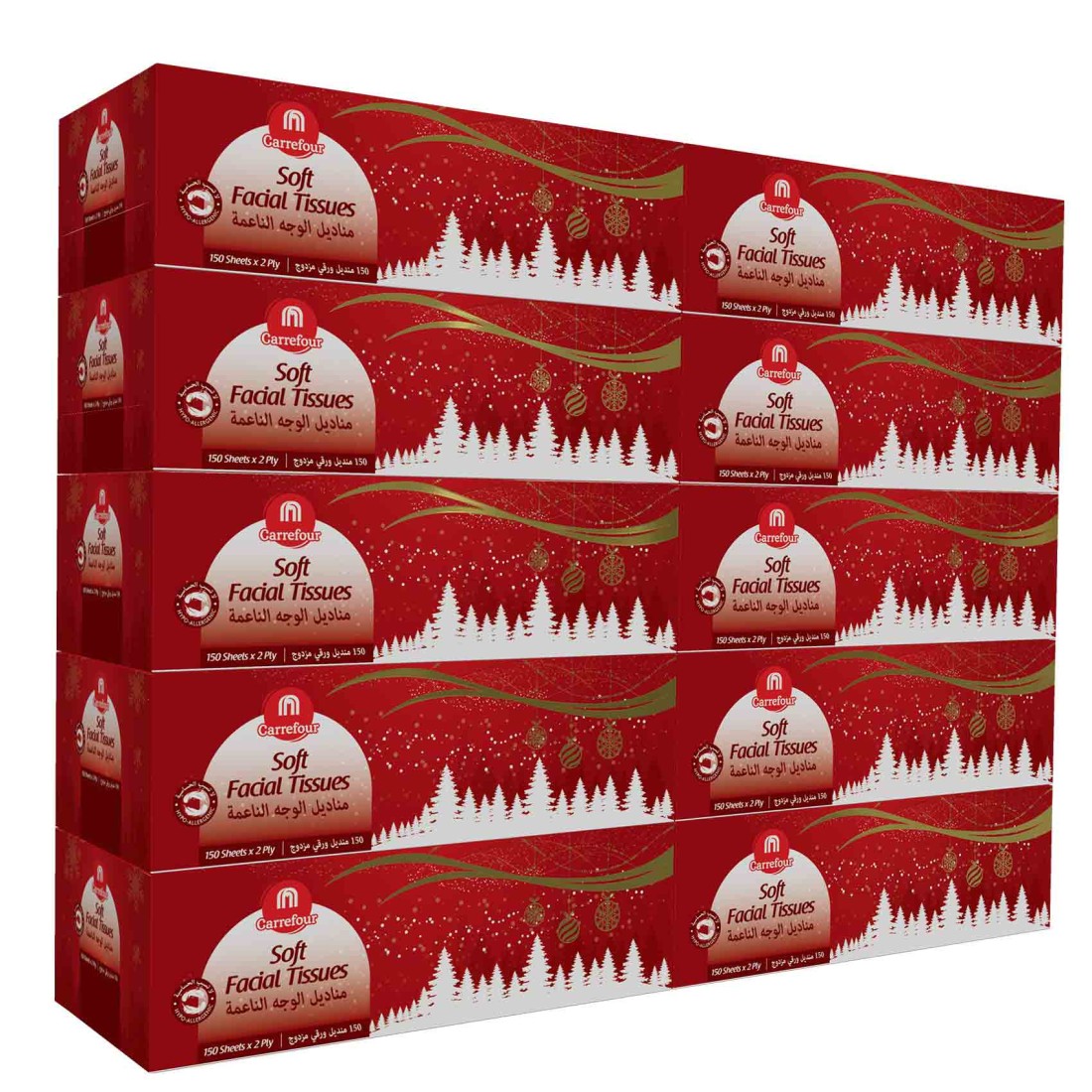 Carrefour Christmas Soft Facial Tissues White 150 Sheets Pack of 10