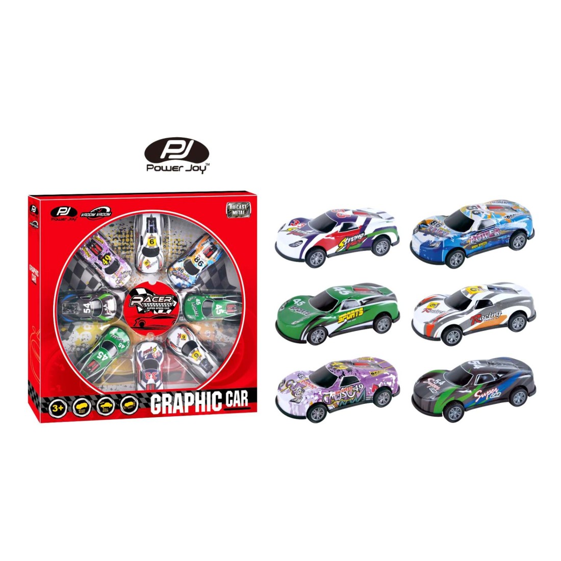 Power Joy Vroom Pullback Graphic Car 8 PCS