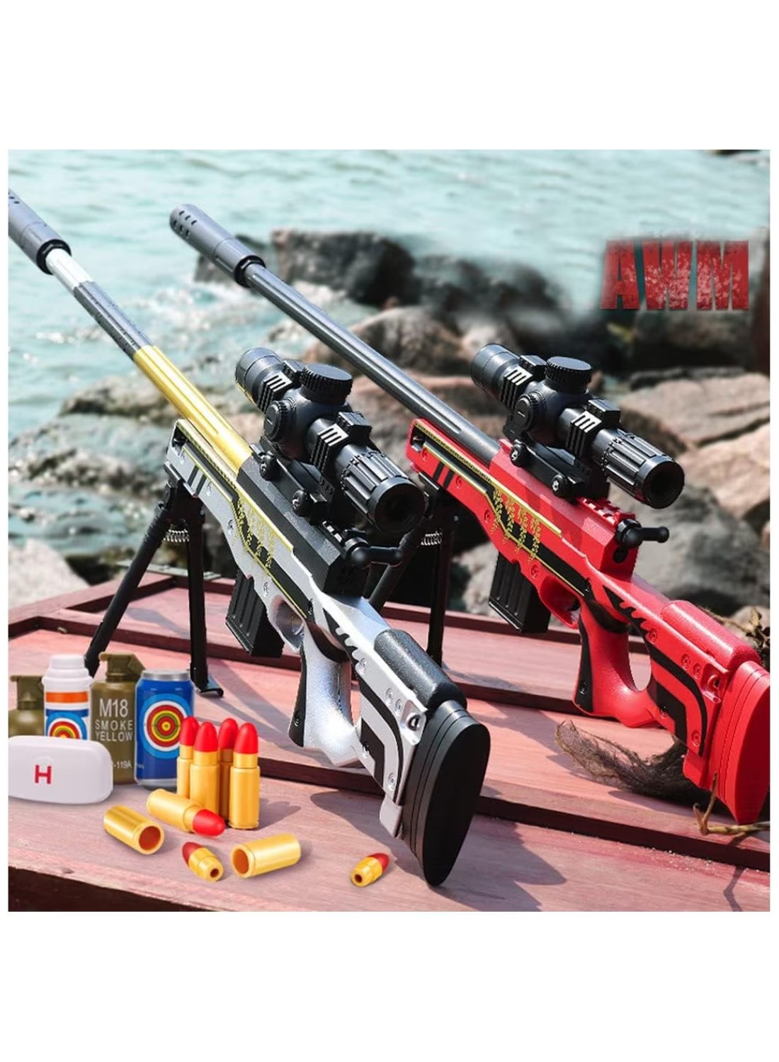 Foam Blaster Sniper Rifle Set for Kids &ndash; EVA Safety Shell Ejecting Toy Gun with Magazine &ndash; AWM Silver &amp; Gold Nerf Toy &ndash; Perfect Birthday Gift for Boys &amp; Girls