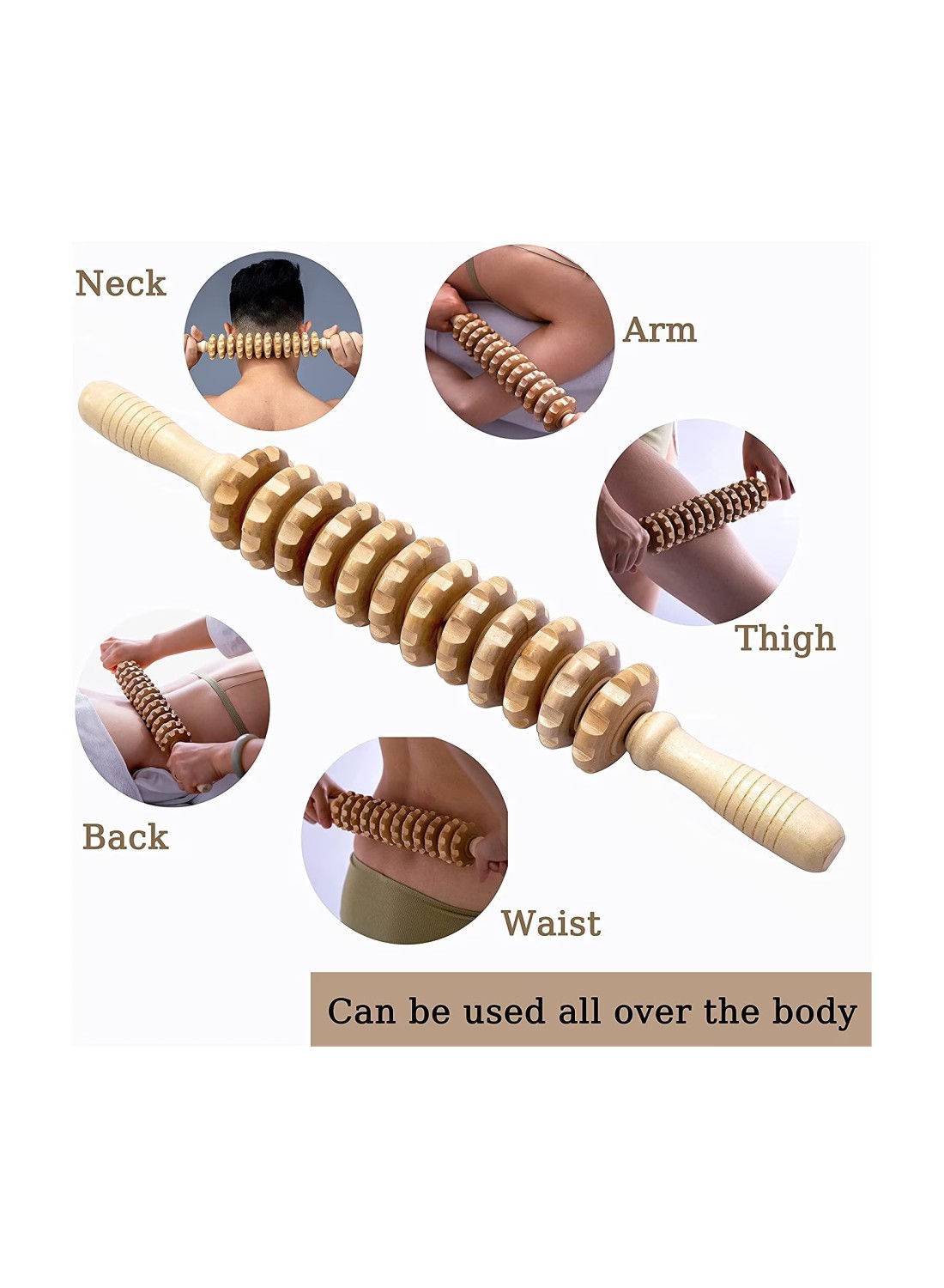 Wood Massage Stick Roller for Cellulite Lymphatic Drainage Wooden Manual Self Therapy Massage Tool for Muscle Deep Tissue - Handheld Curved Body Massager for Legs, Back, Stomach, Waist