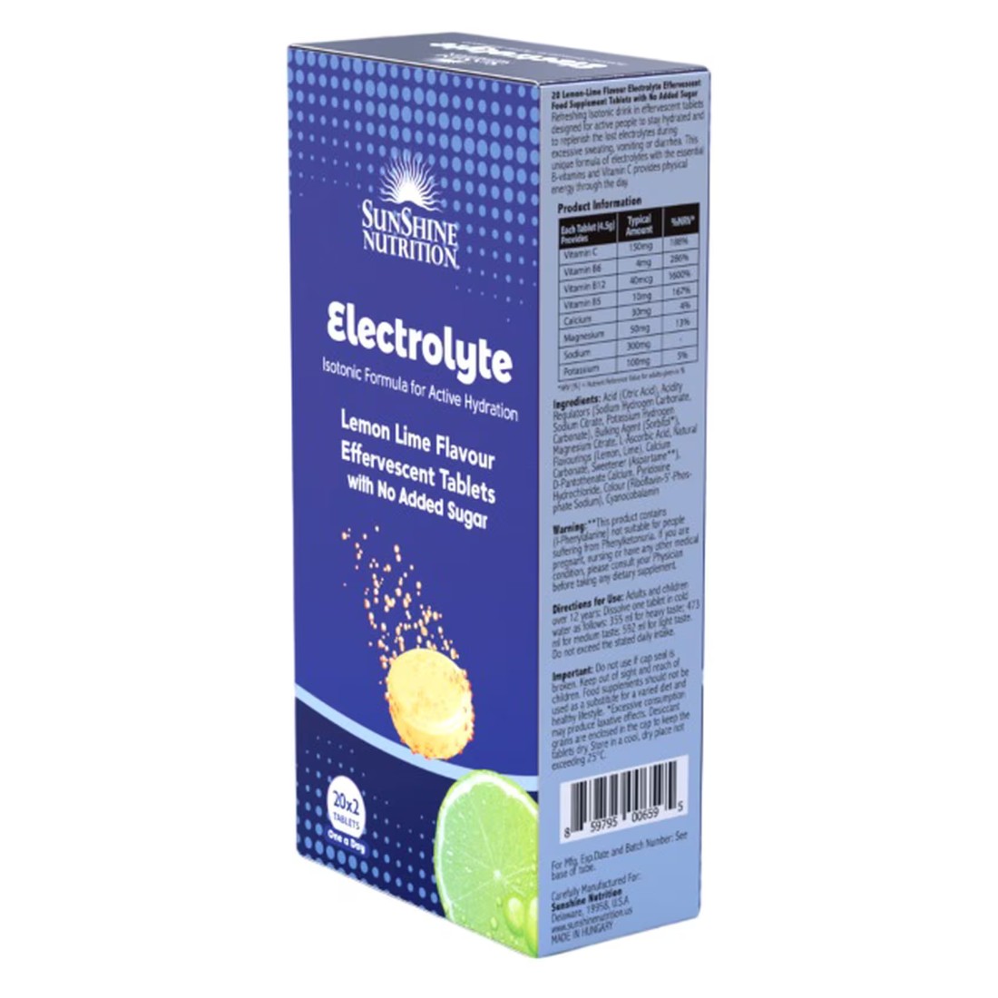 Sunshine Nutrition Electrolyte Lemon Lime Flavour Effervescent Tablets With No Added Sugar 20 Tablets Pack of 2