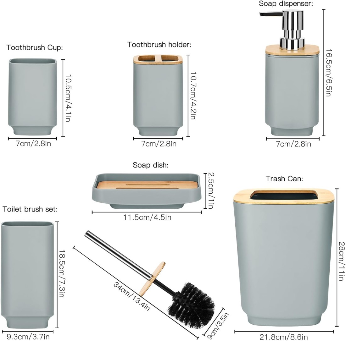 Bamboo Bathroom Accessories Set of 6 Modern Design 6 Pieces Bathroom Accessory Set Soap Dispenser Toothbrush Holder Tooth Mug Soap Dish Toilet Brush Rubbish for Bathroom Home Decor (Grey)
