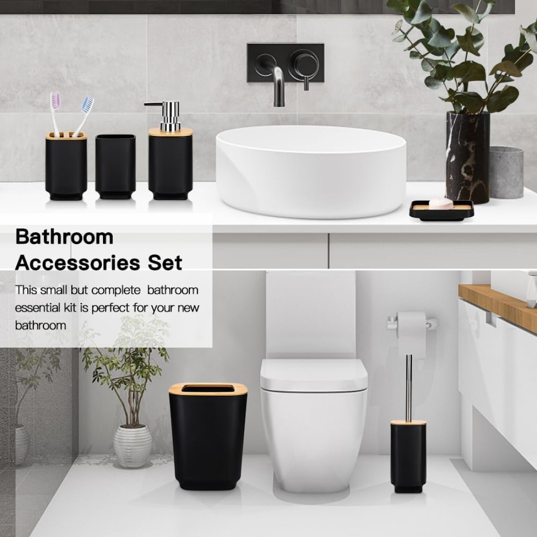 Bamboo Bathroom Accessories Set of 6 Modern Design 6 Pieces Bathroom Accessory Set Soap Dispenser Toothbrush Holder Tooth Mug Soap Dish Toilet Brush Rubbish for Bathroom Home Decor (Black)