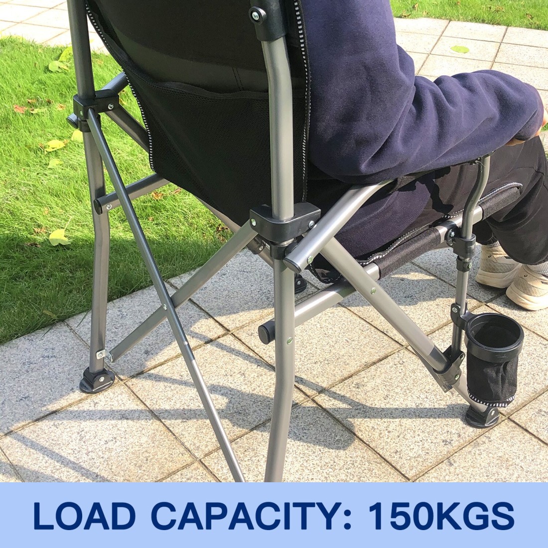 Foldable Camping Chair with Ergonomic High Back, Cup Holder, Adjustable Feet, and Storage Bag – Heavy-Duty Portable Outdoor Chair for Camping, Beach, Fishing, and Picnics - Blue/Black
