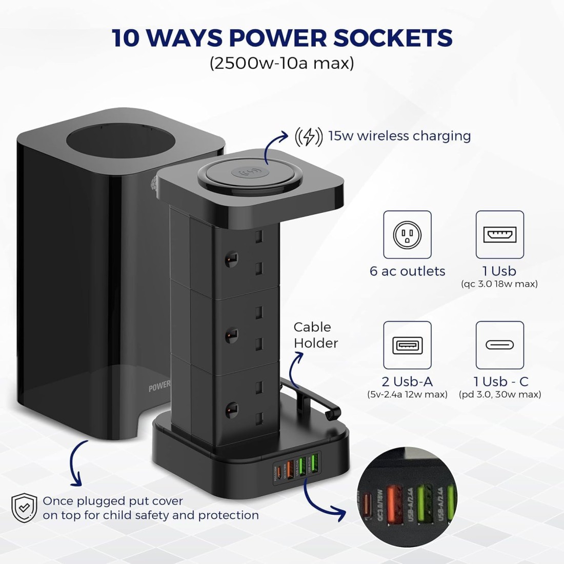 Tower Power Extension Cord 3 In 1 with 15W Wireless Charger - 6 AC Outlets - 4 USB Outlets - 2m Long Extension Cord Power Strip with Cable Organizer Box
