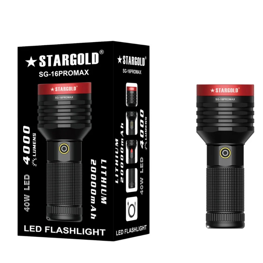 Rechargeable LED Flashlight 40W 20000mAh Lithium Battery Corrosion/Water/Shock Resistance