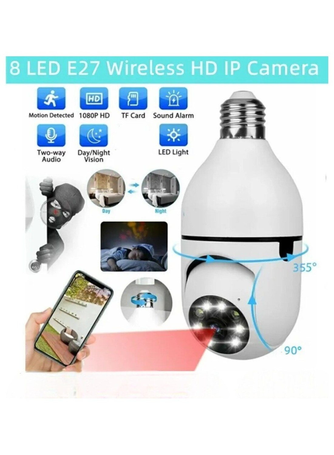 360° Wi-Fi Panorama Camera - Full HD 1080p Wireless Security Surveillance Indoor/Outdoor Motion Detection, Night Vision, Two-Way Audio