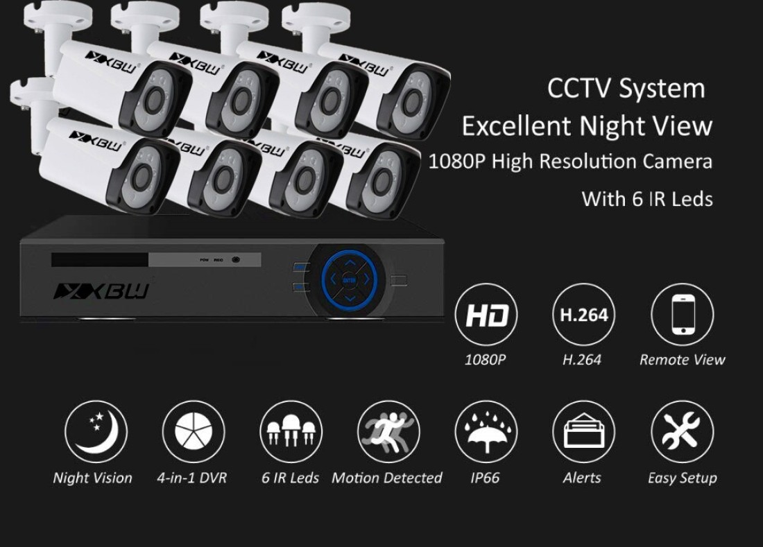 XBW - 8Channel CCTV security Kit 1080P/2.0MP 1920X1080 Camera 8CH Surveillance DVR kit with 8pcs 2.0mp 1080P Metal Outdoor Bullet Camera Alarm System&amp;P2P Home Security (8, 1TB HDD)