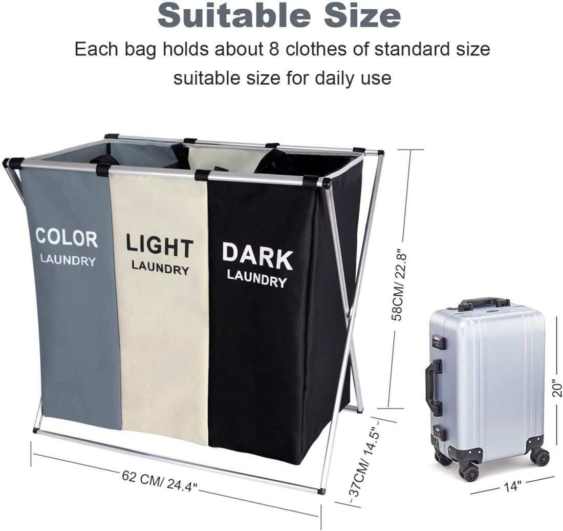 Doreen Laundry Clothes Hamper Sorter Basket Bin Foldable with Aluminum Frame, Clothes toys Waterproof Organizer Bag, Washing Storage Dirty Clothes Bag for Bathroom Washroom Bedroom (3sections)（GC1755A