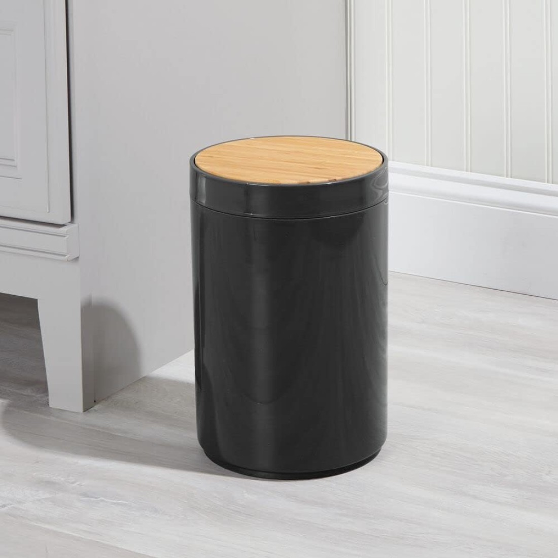 Black Waste Bin With Bamboo Lid