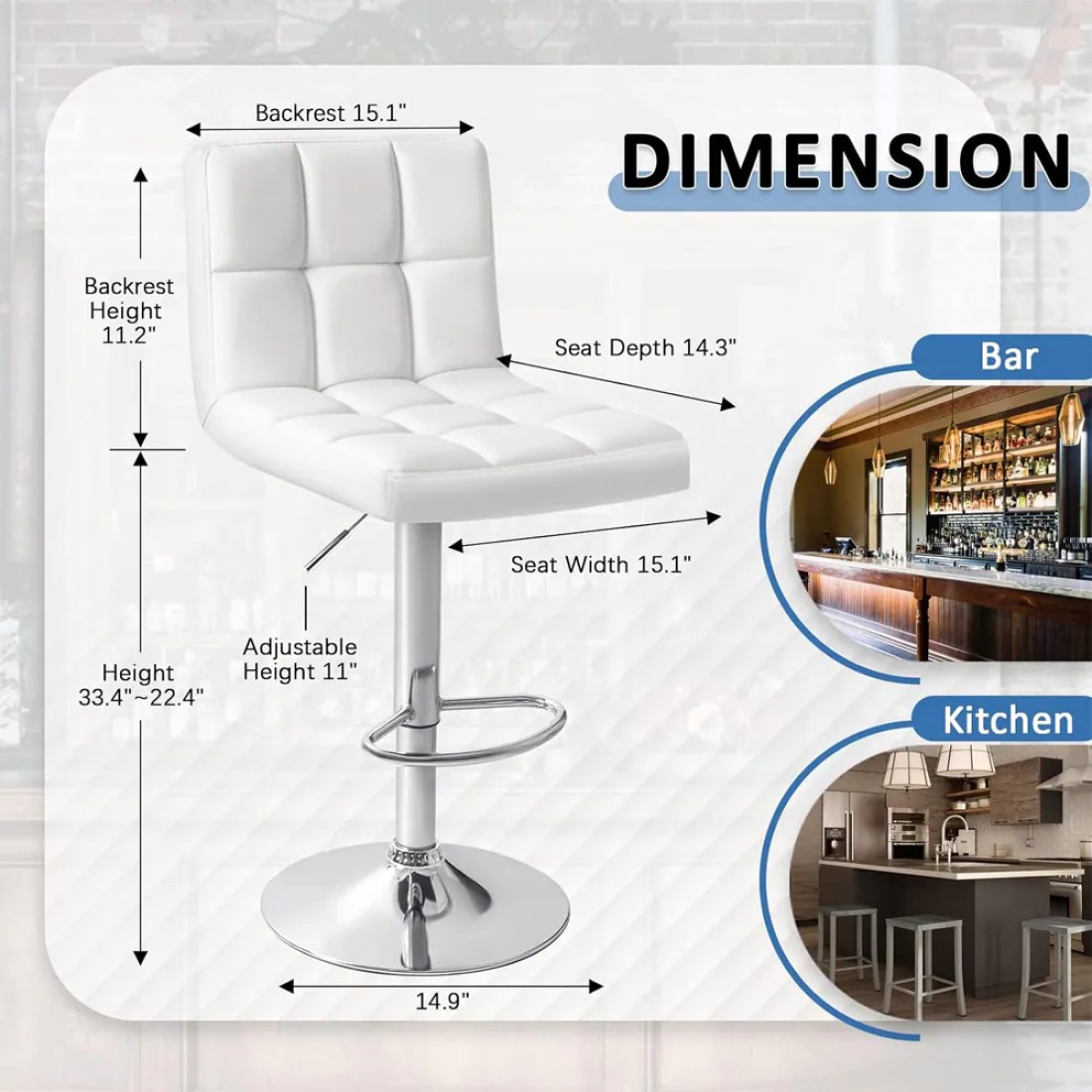 Jeffcoco Furniture PU Leather Bar Stool High Chair Adjustable Bar Chair with Metal Base for Kitchen,Bar Counter (White)