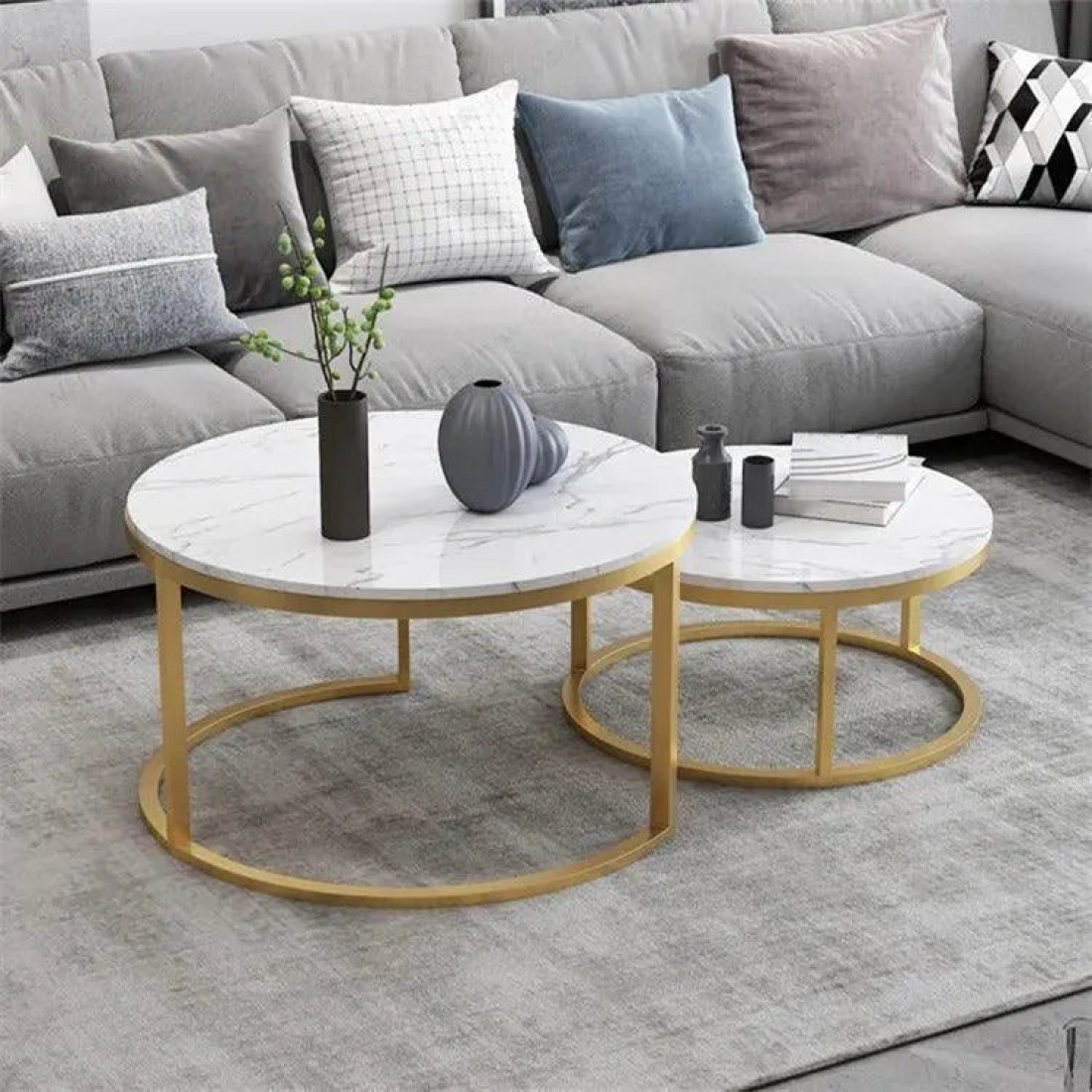 Wooden Twist Modern Designer Marble Top Metal Frame Round Coffee Table (Set of 2)