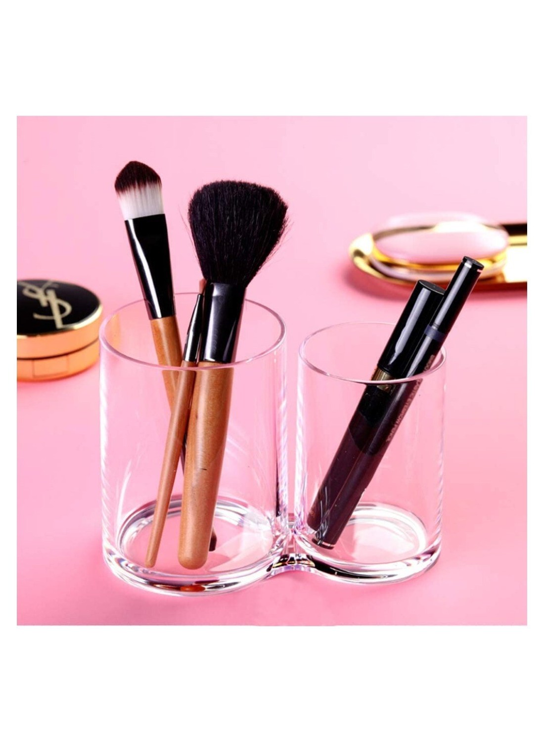2 Sections acrylic Makeup Organizer Cotton Pads Holder Cosmetics Storage Case Stand for Make Up Brushes Dispenser Divider
