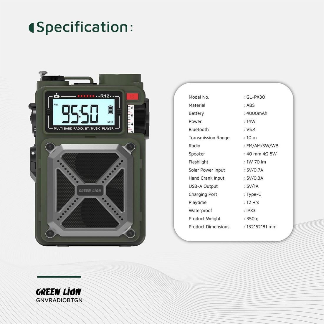Green Lion Vintage Solar Pro Radio and Bluetooth Speaker with Power Bank, 4000mAh Battery, Solar Power Input 5V/0.7A, Hand Crank Charging, 10m Transmission Range, IPX3 Waterproof, 12H Playtime