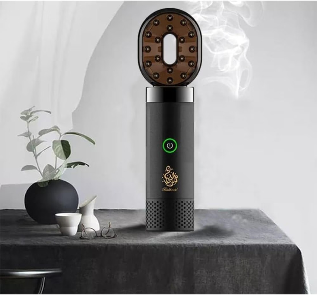 Electric Incense Burner &amp; USB Aroma Diffuser &ndash; Modern Portable Bakhoor Burner with Rechargeable Comb &ndash; Electric Bukhoor Incense Holder (Black)
