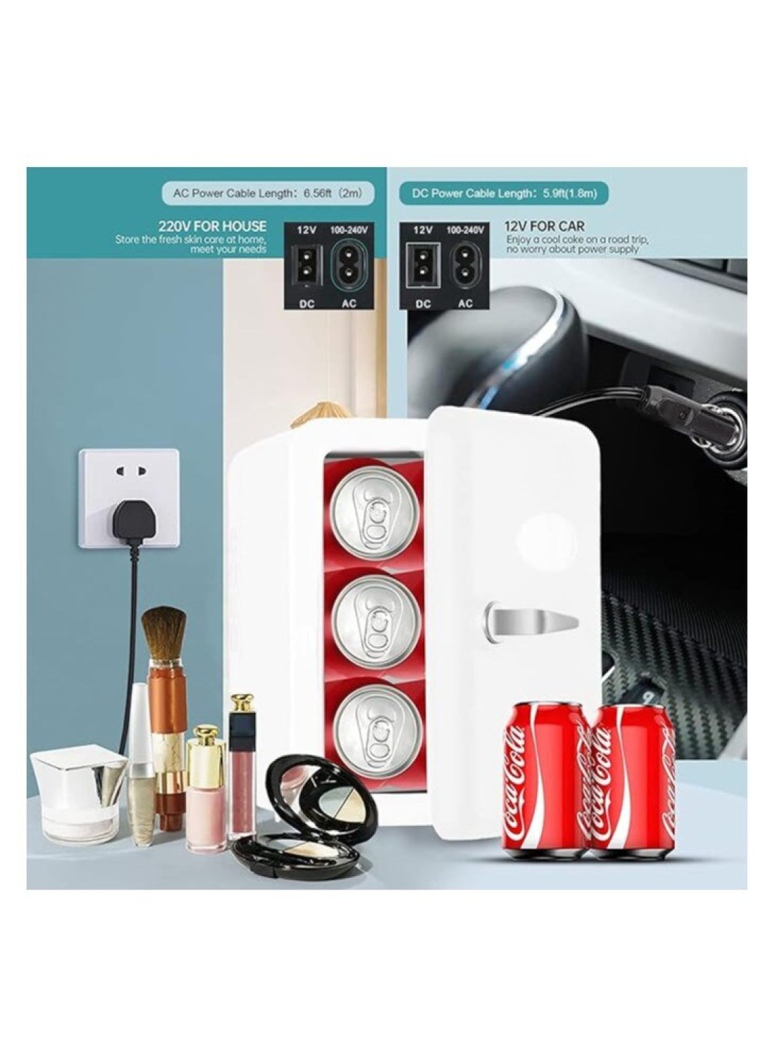 Portable Mini Fridge, 6-Can Compact Travel Refrigerator, AC/DC Thermoelectric Cooler and Warmer for Food, Drinks, Skincare, Beauty, Milk - Ideal for Travel, Car, Office, and Home