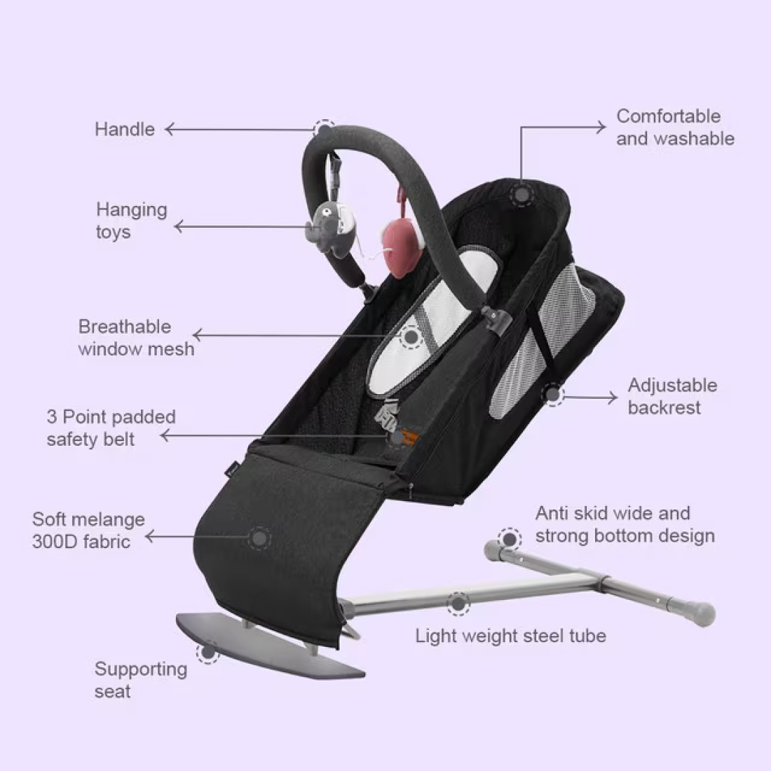 TEKNUM Baby Bouncer / Recliner Seat w/ Grab Toys - Black