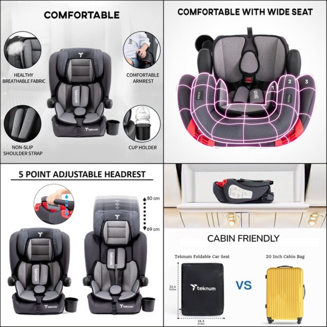Teknum Pack and Go Foldable Car Seat w / Ace Diaper Bag - Grey