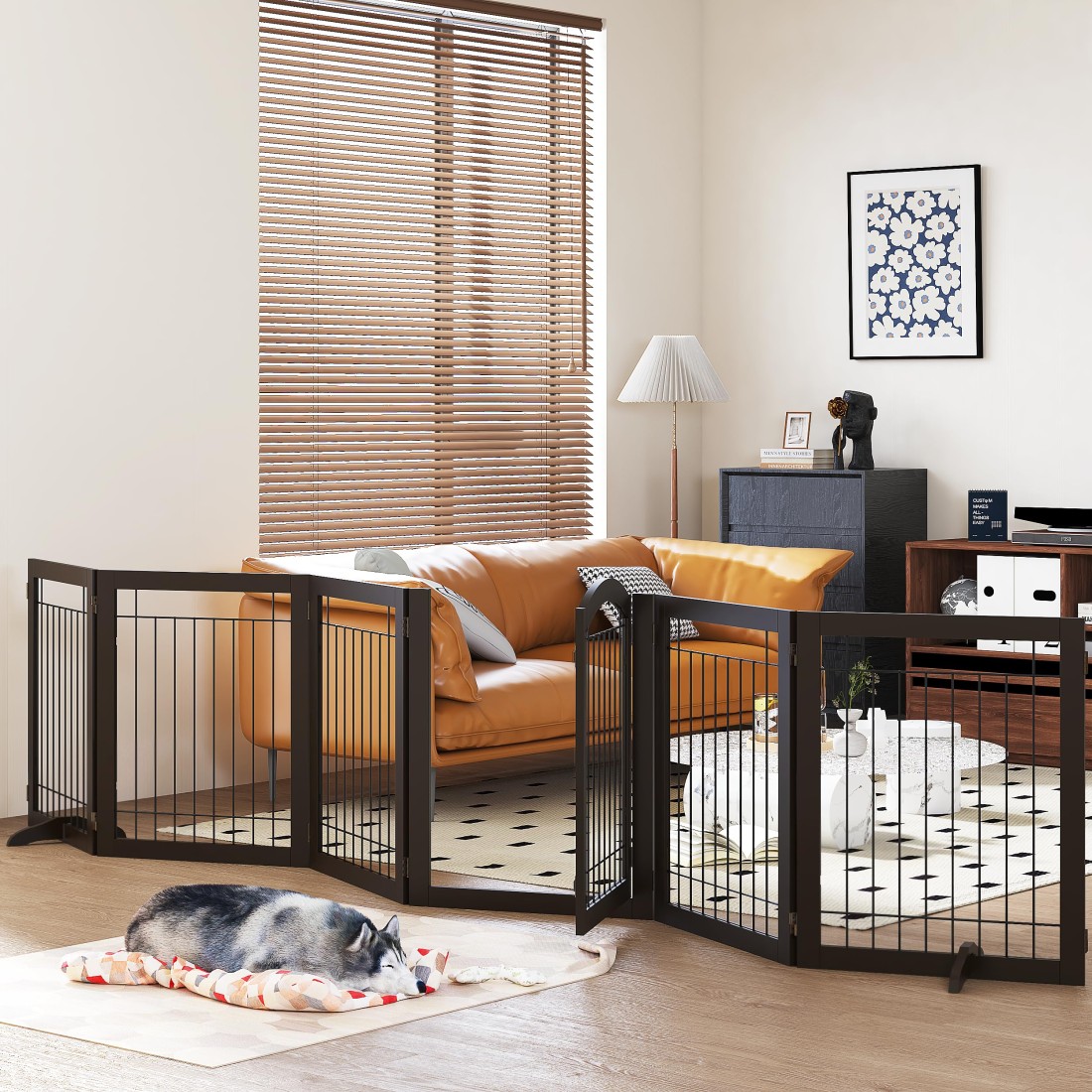 PAWLAND 144inch Extra Wide 30inches Tall Dog gate with Door Walk Through Freestanding Wire Pet Gate for The House Doorway Stairs Pet Puppy Safety Fence Support Feet Included Espresso6 Panels