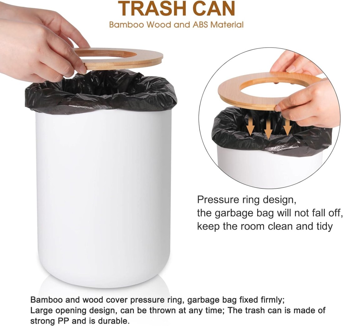 White Waste Bin With Bamboo Lid