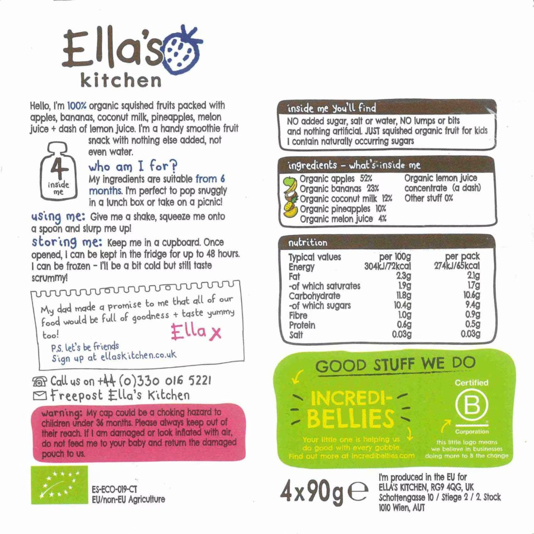 Ella&#39;s Kitchen The White One Gluten Free Dairy Free Organic Squished Smoothie Fruits Baby Food, 6 Months+, 90g Pack of 4