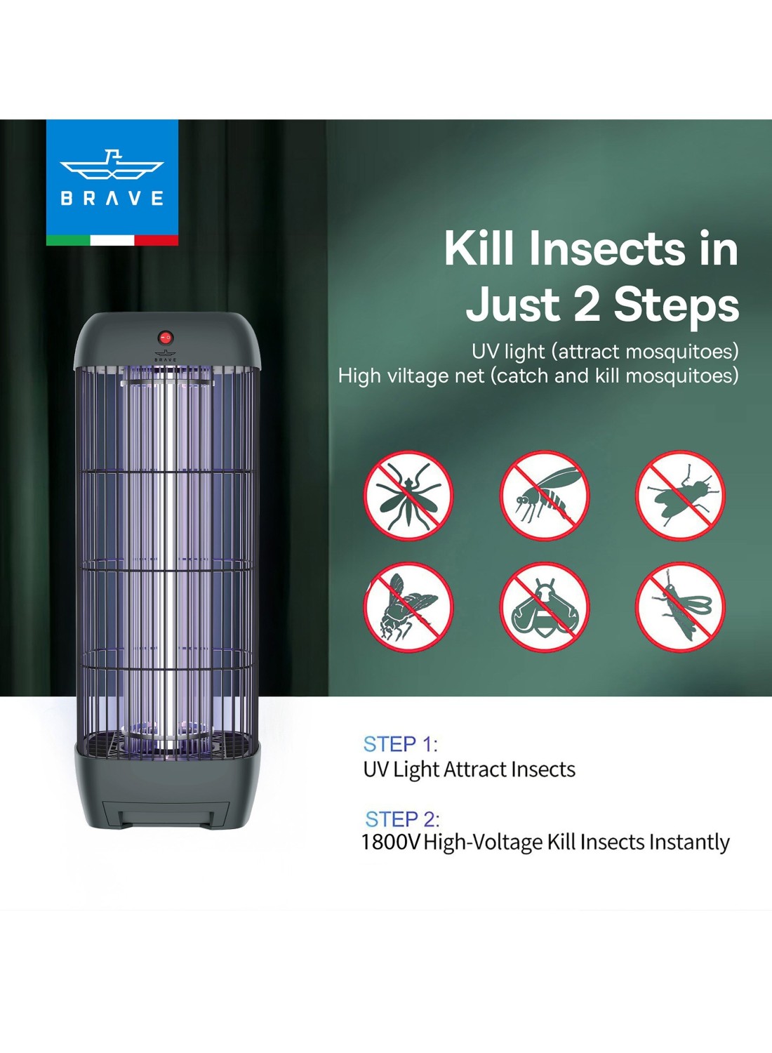 Brave Electric Mosquito Killer Bug Zapper with 15W UV Lamp, Powerful Indoor & Outdoor Insect Trap, Quiet, Safe, and Effective for Home, Kitchen, Patio, and Commercial Use (GREY BIK-04)