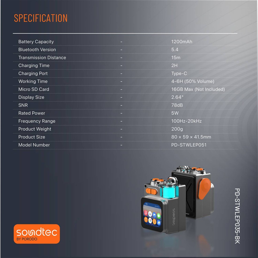 Porodo Soundtec Pocket Elite Speaker &amp; Dialer, 100Hz-20kHz Frequency Range, 1200mAh Battery, 5W Rated Power, Bluetooth 5.4, 2.64&quot; Touch Display, Micro SD Slot, HiFi Sound
