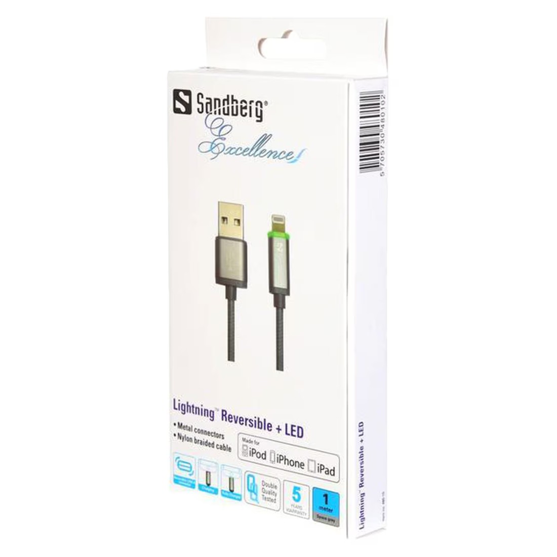 ساندبرغ كابل مضيء LED القابل للعكس بطول 1 متر - رمادي