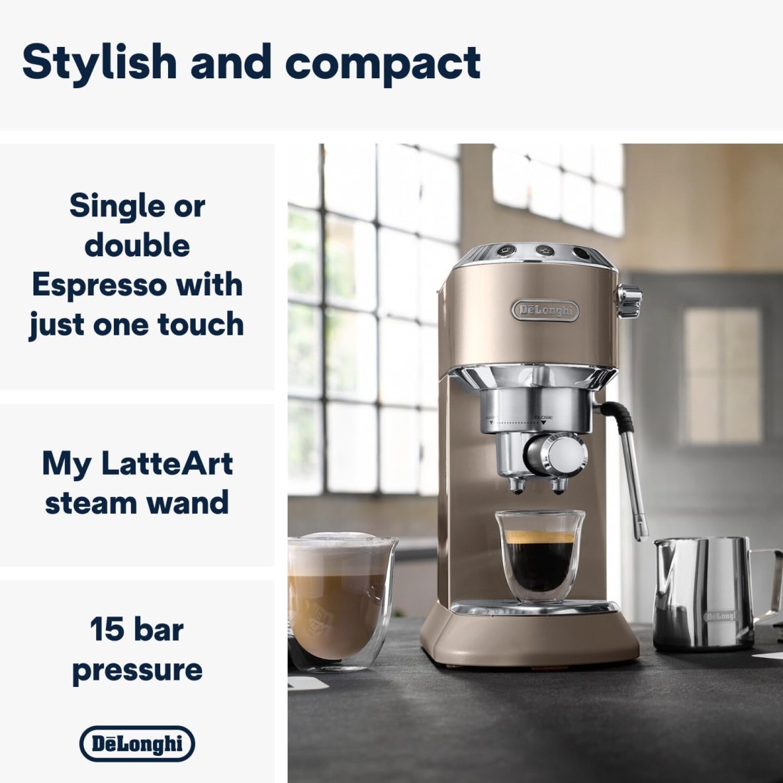 De&#39;Longhi Dedica Arte Espresso Machine - MyLatteArt Milk Foam Nozzle, 15 BAR Pressure, Steel Tamper Included, Beige Gold - Create Perfect Espresso, Cappuccinos, and Latte Art at Home - EC885.BG