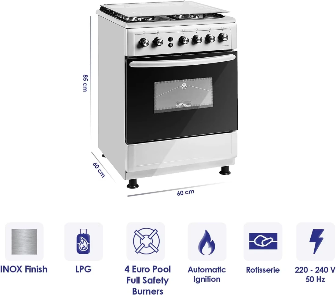 Super General Freestanding Gas Cooker 4-Burner Full-Safety, Stainless-Steel Cooker With Rotisserie, Silver, 60 x 60 x 85 cm, SGC-6470-MSFS, 1-Year Warranty (Installation Not Included)