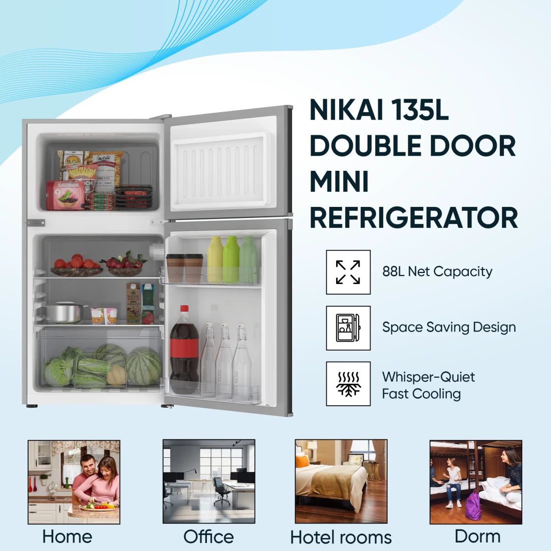 Nikai 135L Gross/88L Net, Small Double Door Mini Refrigerator with Vegetable Crisper &amp; Adjustable Glass Shelves, Defrosting, Mini Fridge for Home, Kitchen, Bedroom, Office &amp; Hotels NRF135DDS Silver