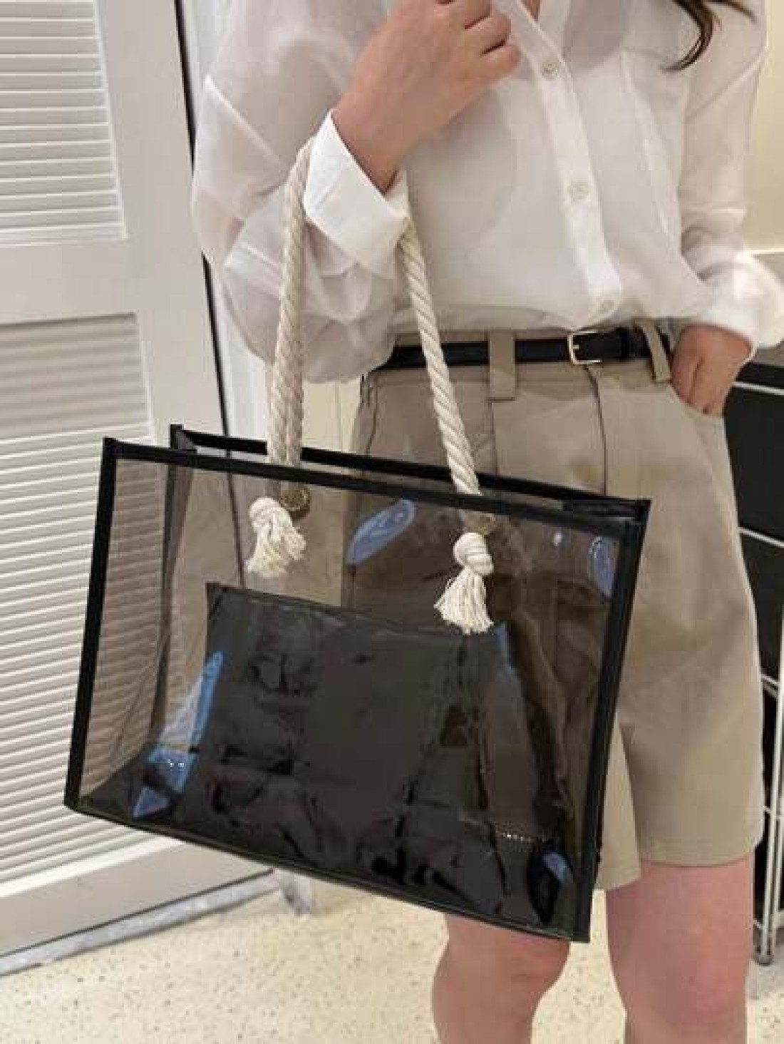 2pcs Women Fashion Color Block Semi Transparent Beach Tote Bag Set