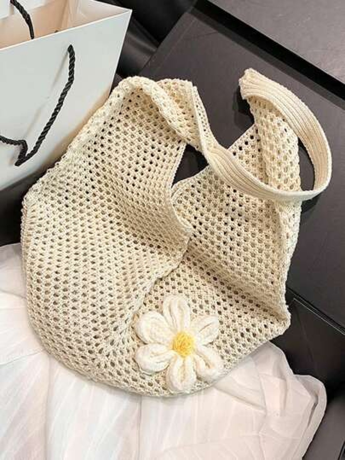 Yogodlns Hollow Out Weave Bag Bohemian Style Beach Handbag Hollow Tote Bag Large Capacity Slouchy Style Beach Bag Shopping Women Casual Beach Bag Large Capacity Crochet Flower Tote Bag Fashion Tote Ha
