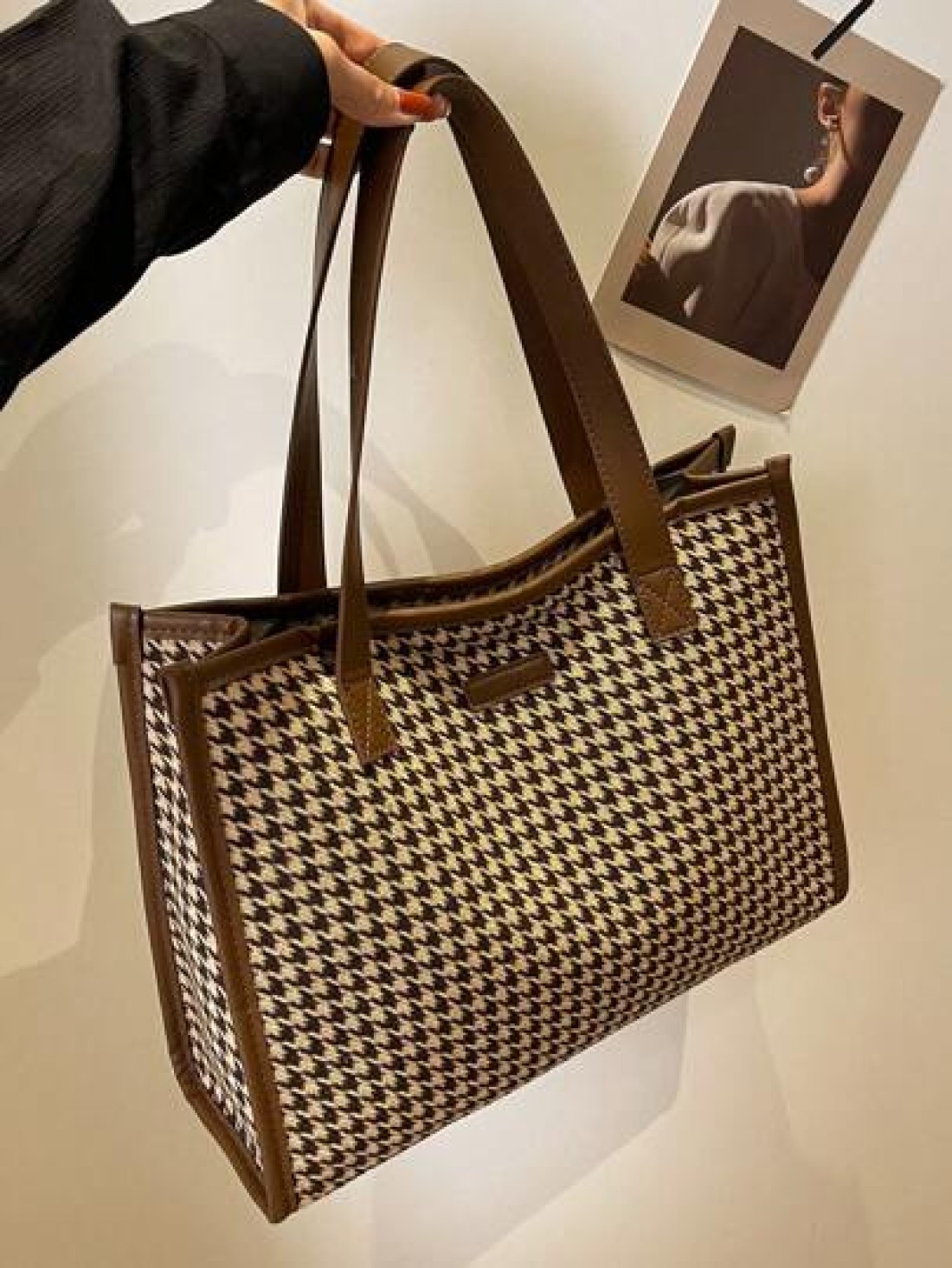 Houndstooth Pattern Large Tote Bag For Women Stylish Simple Design Versatile For Commuting And Going Out Shoulder BagSchool Bag Back To School Backpack Large Capacity Lightweight Portable Business Cas
