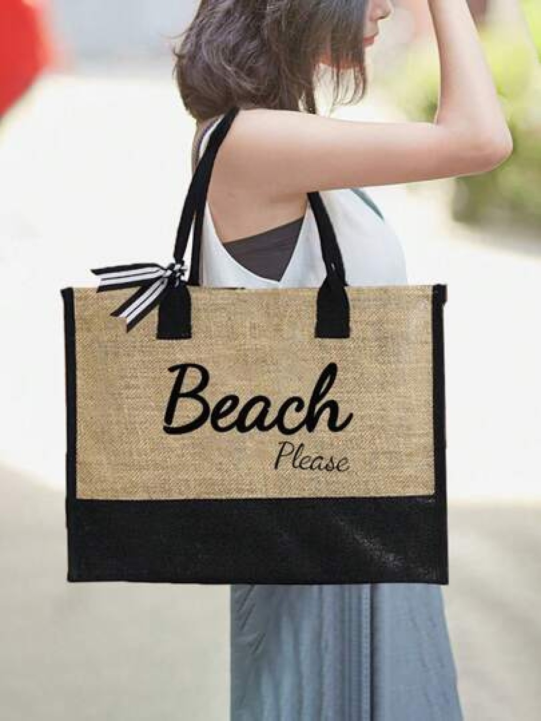 1set Beach Letter Print Tote Simple Linen Tote Reusable Grocery Shopping Tote Bag And Makeup Bag Holiday Gift Bag Perfect For Vacation Travel Khaki Summer Essentials Perfect For Vacation Holiday Suita