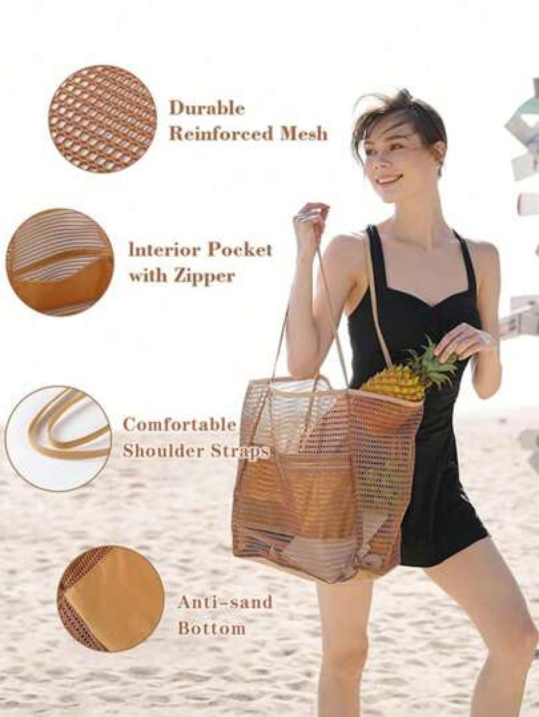 1pc Beach Mesh Tote Bag Casual Tote Bag Women Foldable Shoulder Handbag For Beach Picnic Vacation Large Capacity Waterproof Beach Bag Lightweight Foldable Beach Bag Portable Travel Bag Travel Essentia