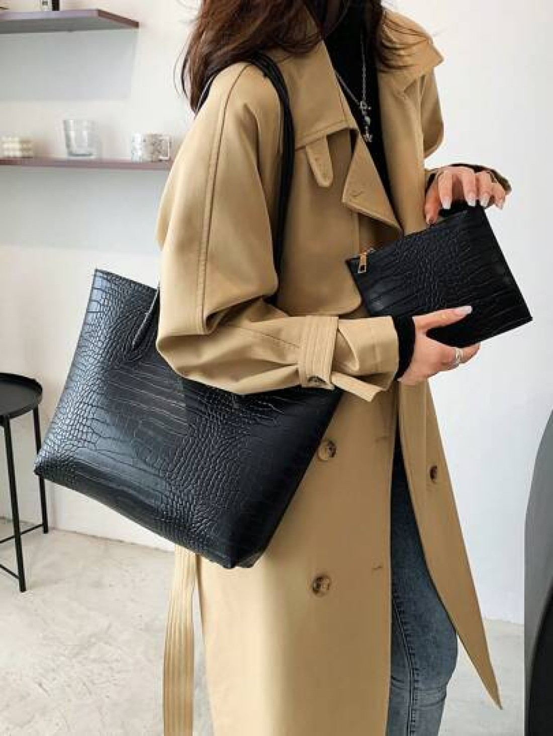 Lightweight Business Casual Crocodile Embossed Shoulder Tote Bag With Coin Purse For Teen Girls Women College Students Rookies White Collar Workers Perfect For Office College Work Business Commute Out
