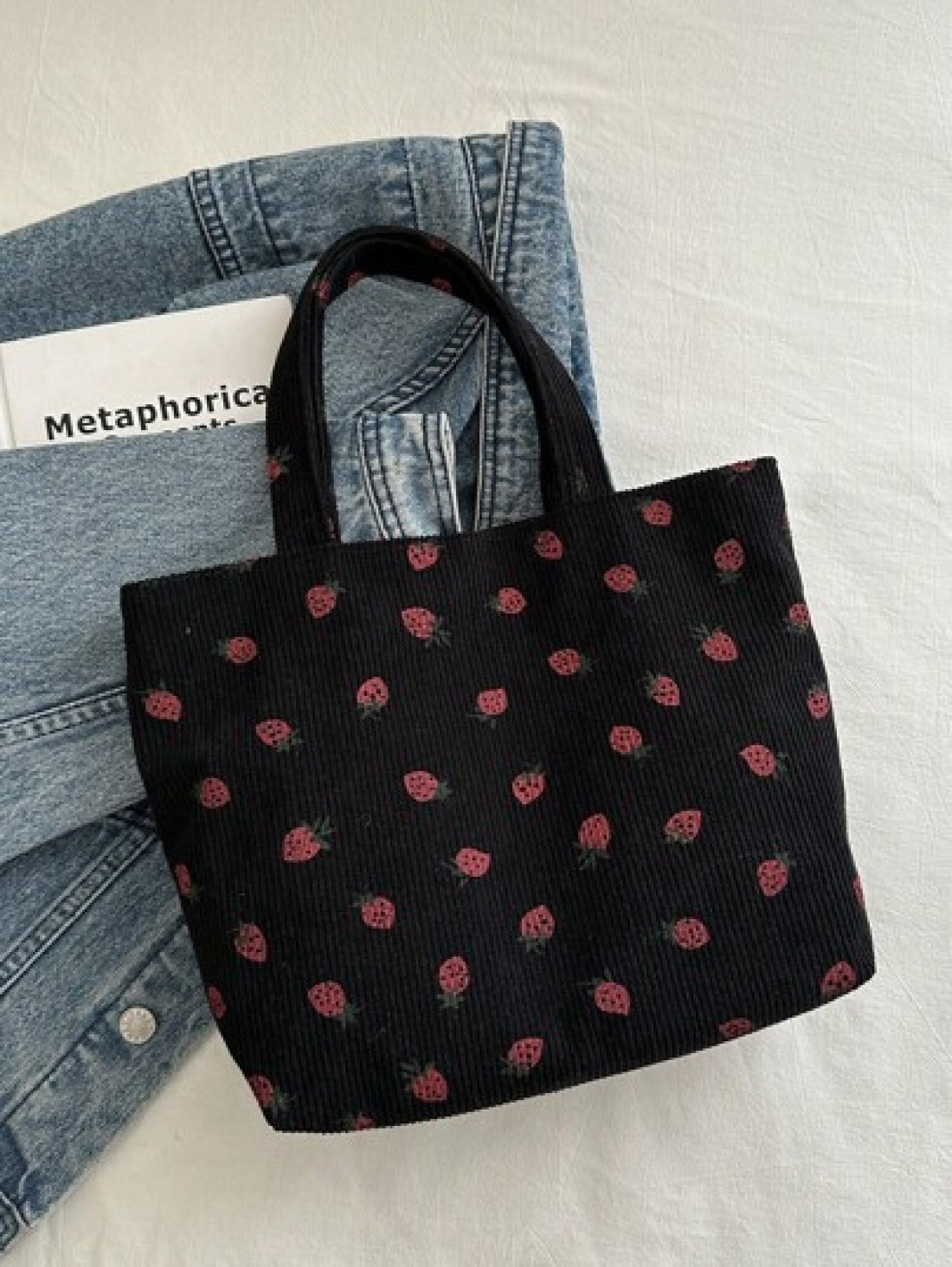 Fashionable Strawberry Print Tote Bag Large Capacity All Match Corduroy Material Shoulder Women s Bag Cute Strawberry Purse