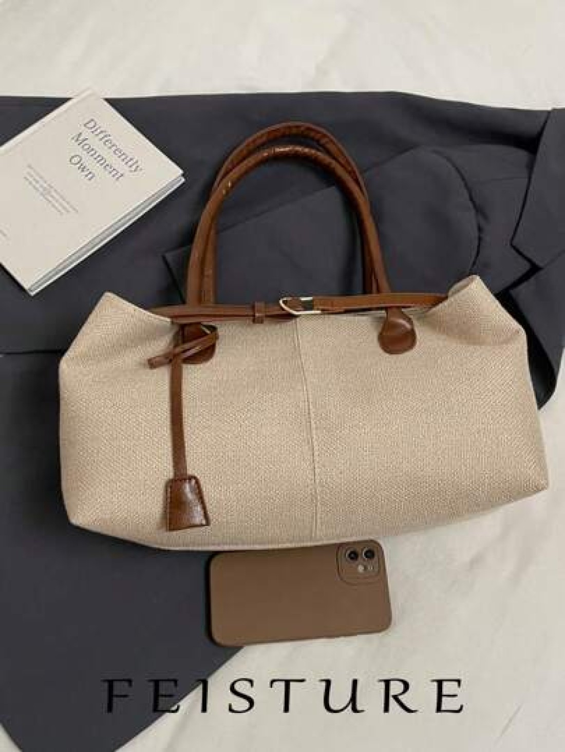 FEISTURE 1 Piece Summer Straw Woven Handbag Beach Bag By The Sea Large Capacity Belt Buckle Design Tote Bag Magnetic Buckle Closed Suitable For Girls Ladies College Students Newcomers And White Collar