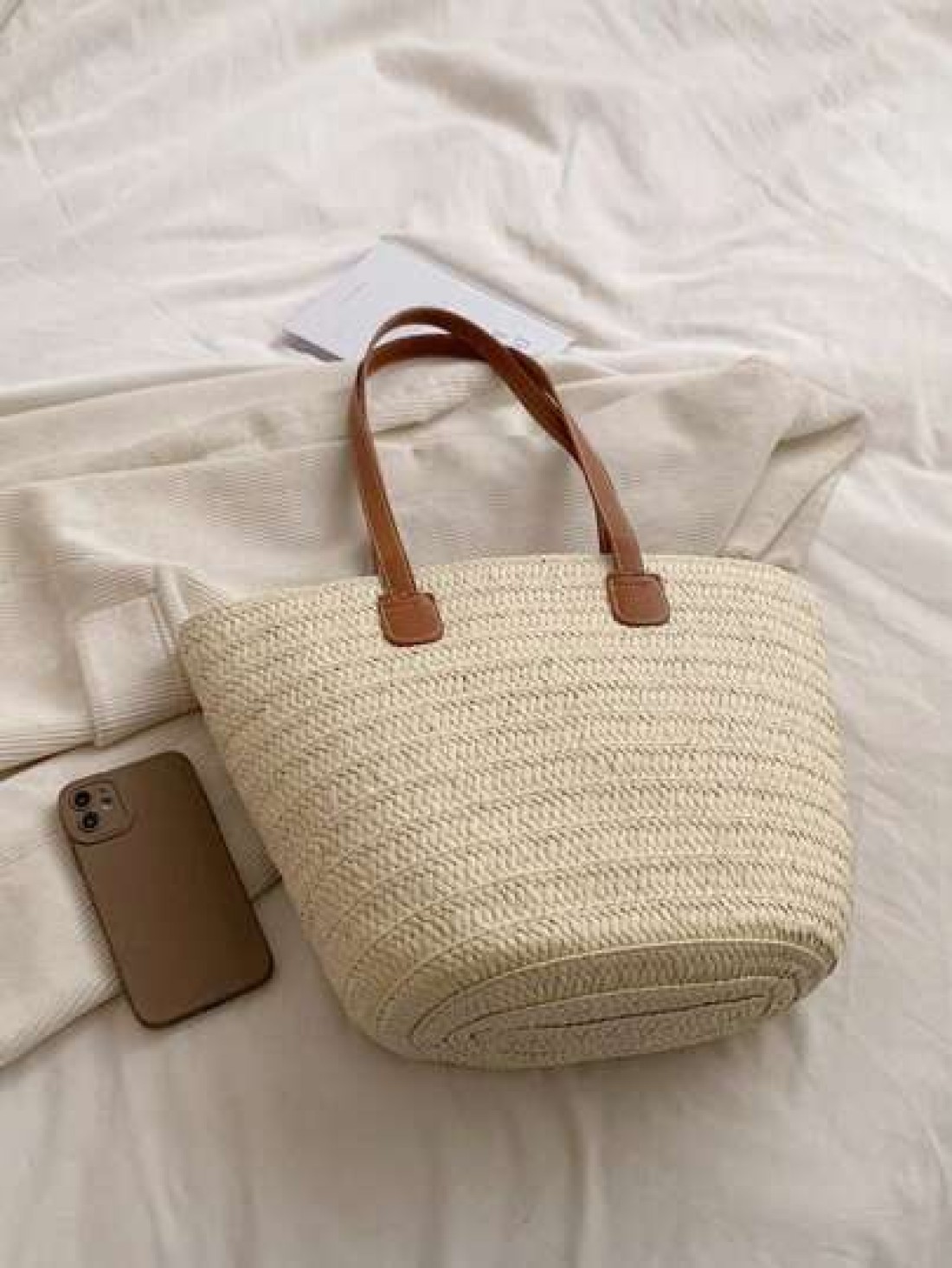 Straw Bag Straw Woven Handbag Beige Women Tote Bags Large Capacity Portable Beach Holiday Bag Double Handle Shoulder Bag Lunch Bag Business Bag Women s Stylish Shopping Bag For Teen Girls Women Colleg