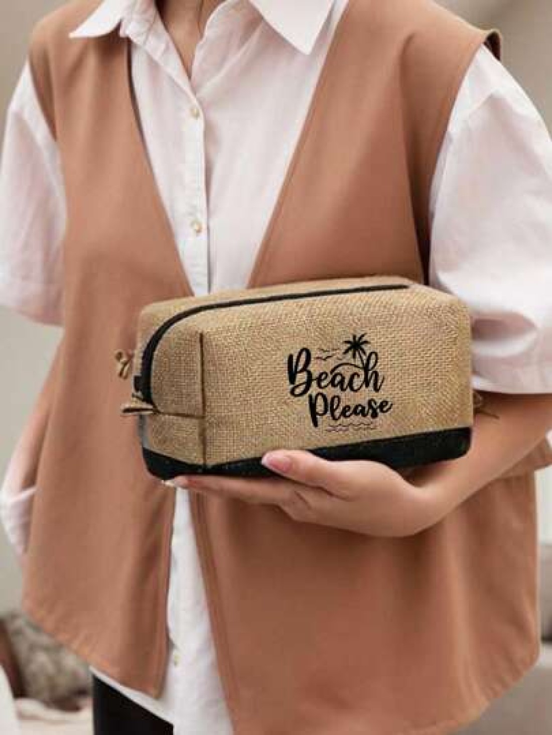 Beach Themed Beach Tote Bag Set For Women Printed With Artistic Letters Beach Beach And Coconut Tree Pattern Large Capacity Handbag And Two Makeup Bags